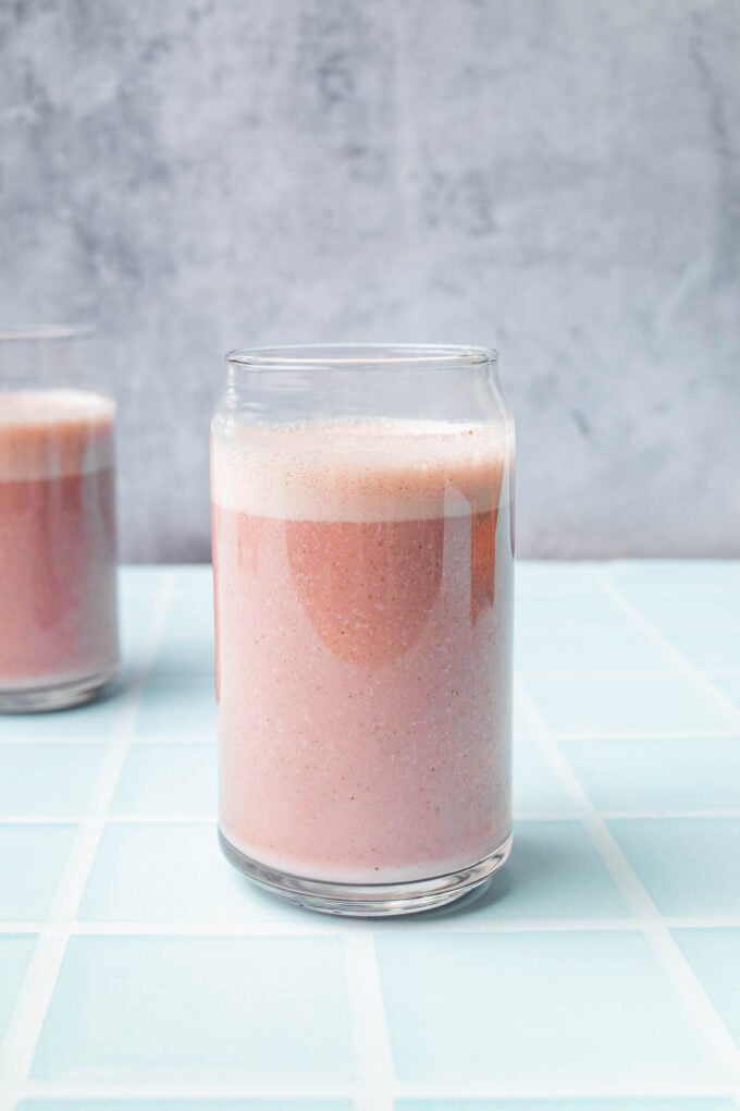 strawberry hemp milk in glass