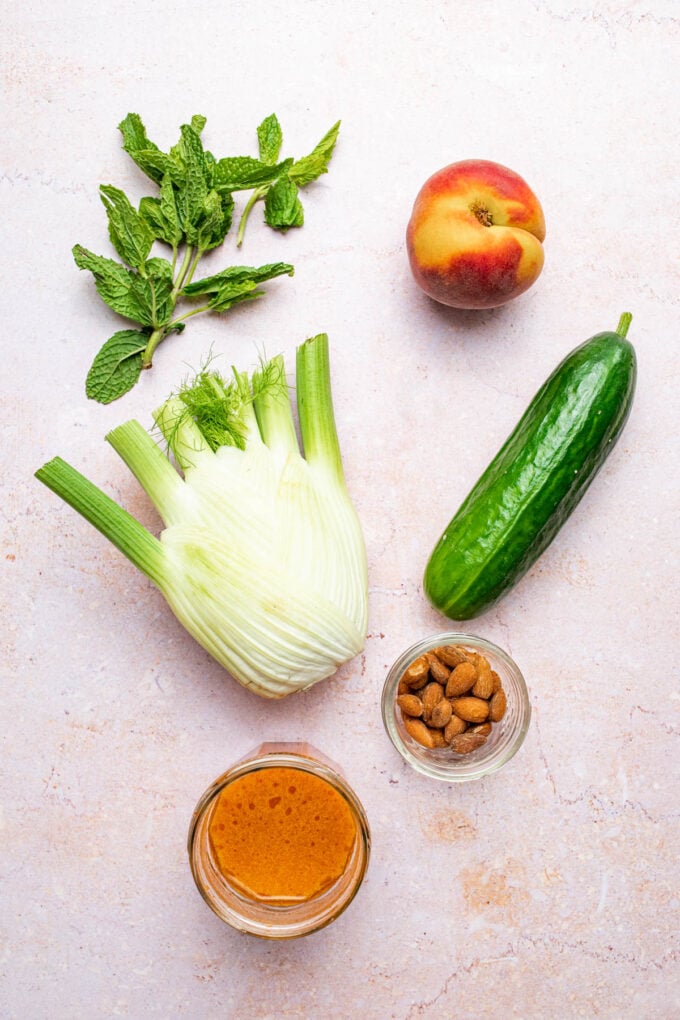 fennel, cucumber, mint, peach, almonds, dressing