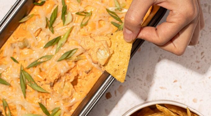 Vegan Baked Buffalo Chicken Dip with Artichokes