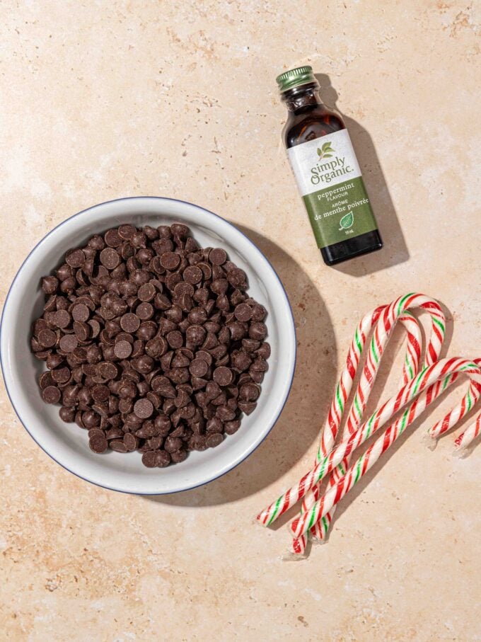 dark chocolate chips in bowl with candy canes