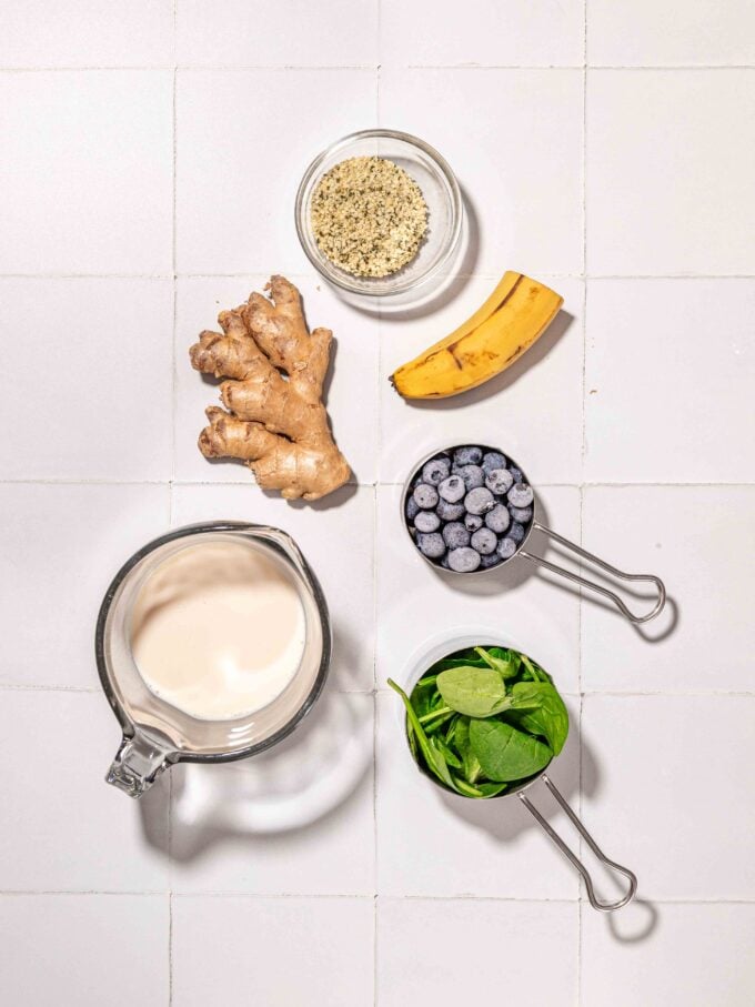 spinach blueberries and ginger on tiles