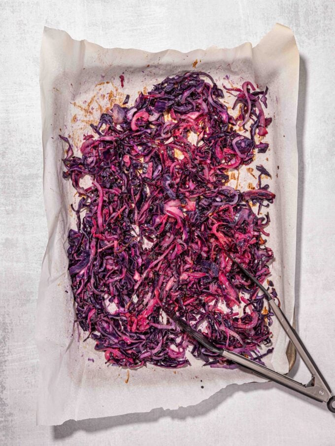 roasted red cabbage and onions on pan