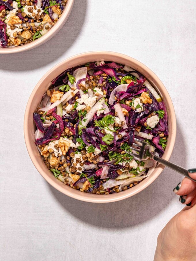 roasted red cabbage salad in pink bowl with fork