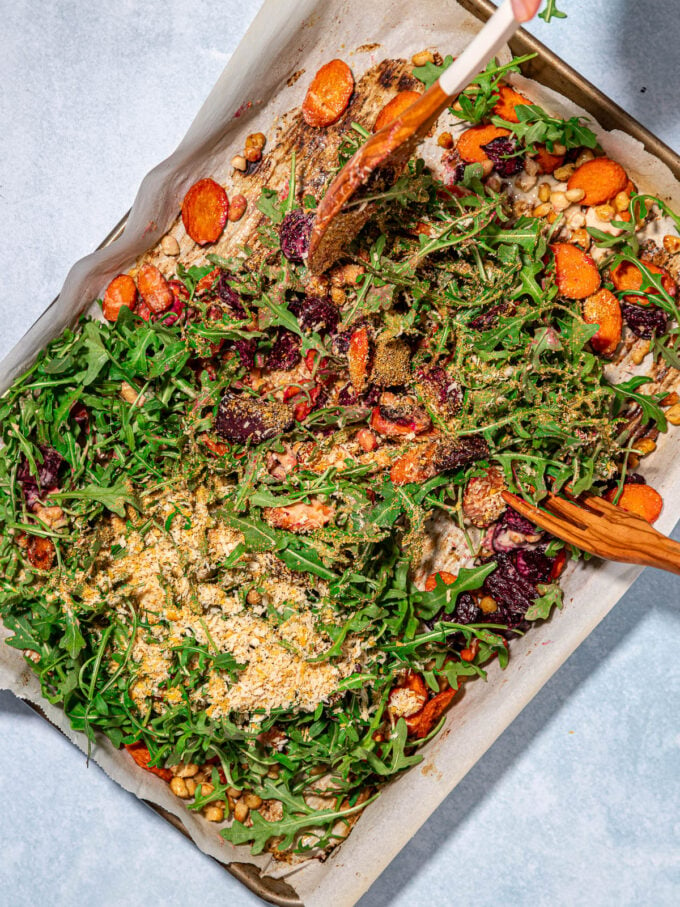 roasted beet salad on baking sheet