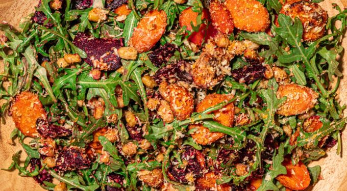 Warm Roasted Beet and Carrot Salad with Arugula