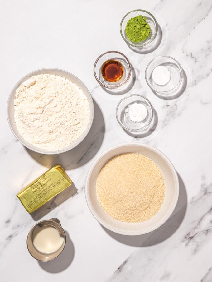 matcha cookie ingredients in bowls