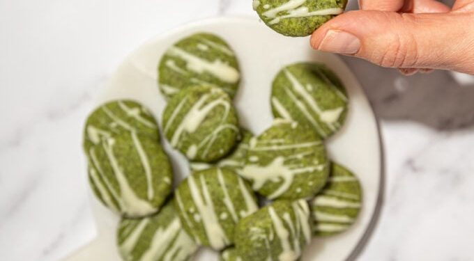 Chewy Vegan Matcha Cookies with White Chocolate Drizzle