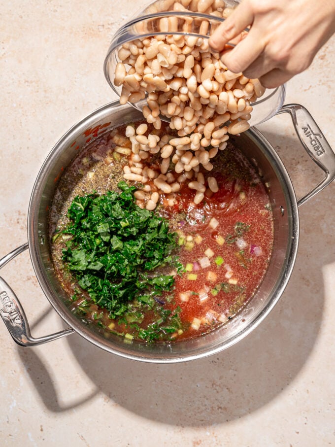 hand pouring navy beans into soup