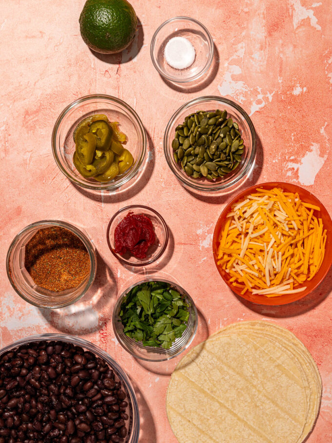 black beans, tortillas, cilantro in bowls