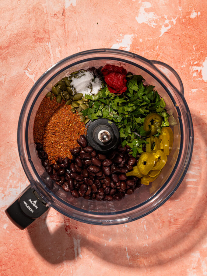 black beans and cilantro in food processor