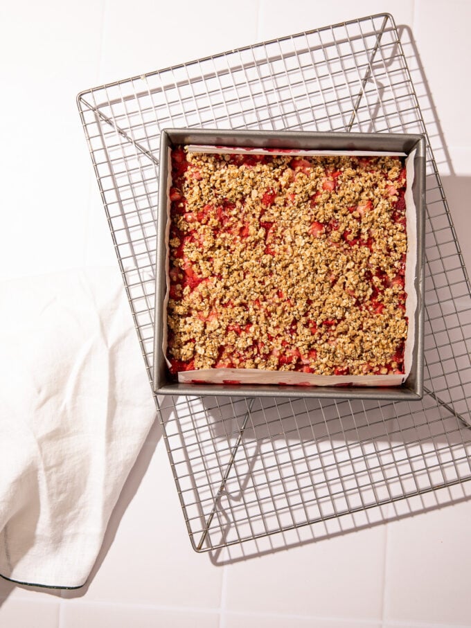 strawberry oatmeal crumble bars in pan