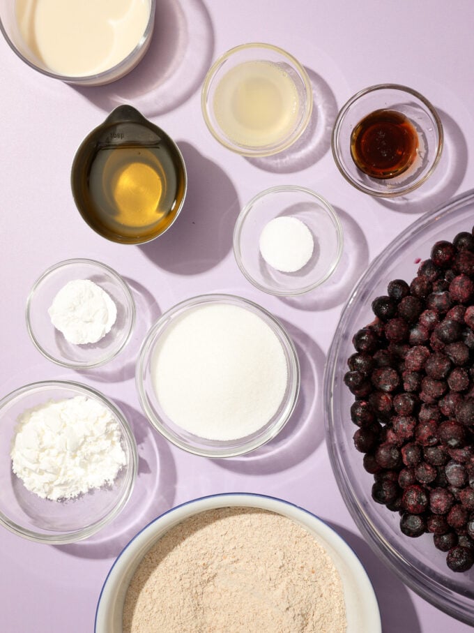 blueberries, flour and oil in bowls