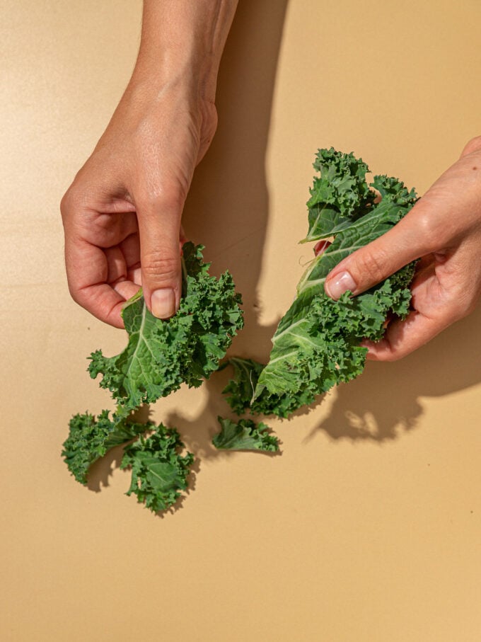 hand tearing kale