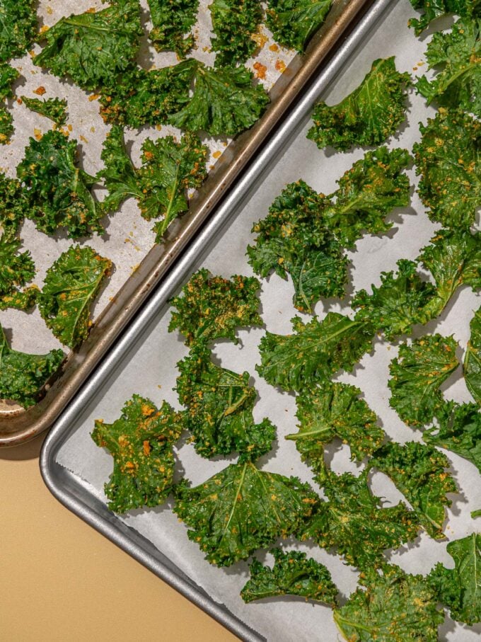 kale chips on baking sheets