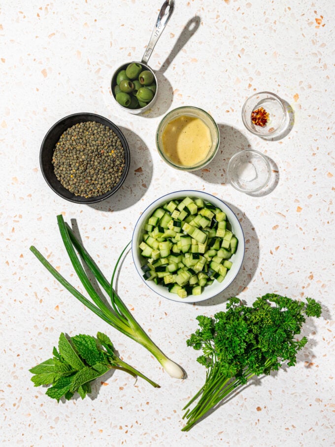 lentils and salad ingredients in bowls