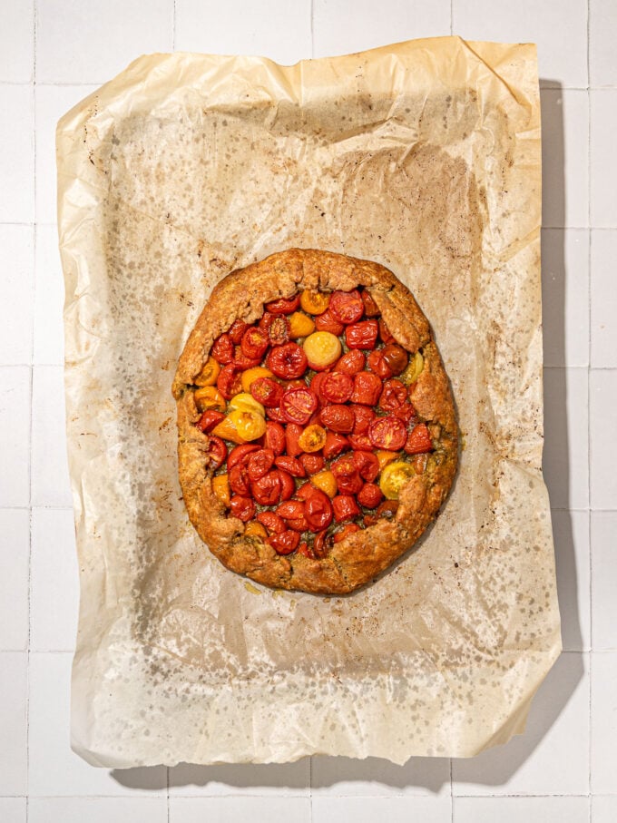 tomato galette on parchment paper