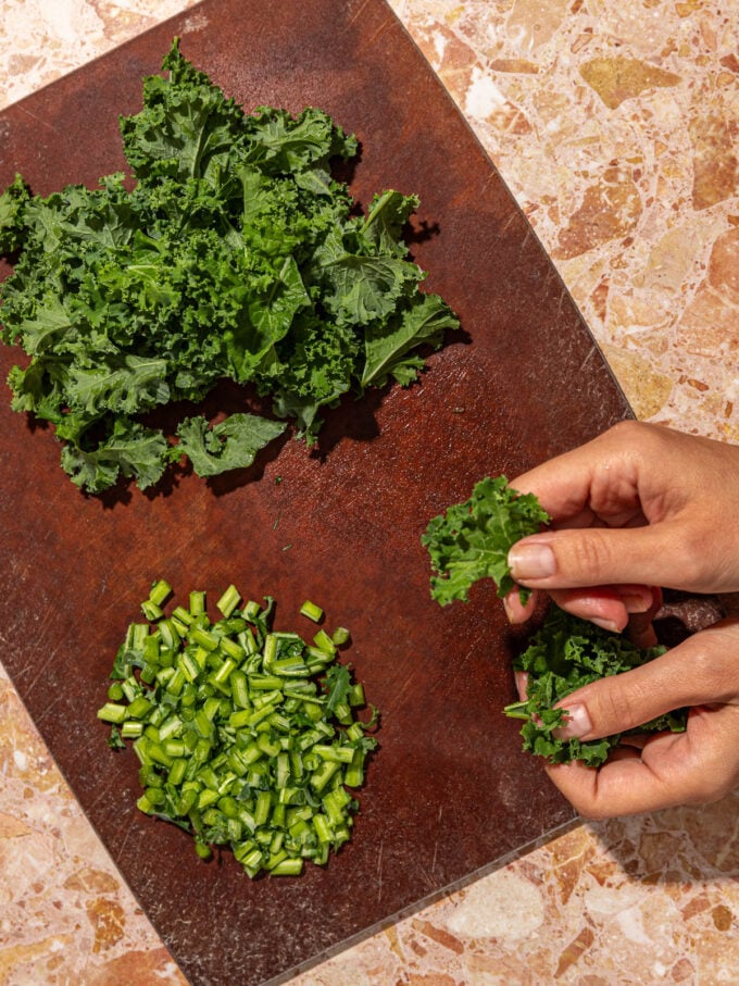 hand tearing kale leaves