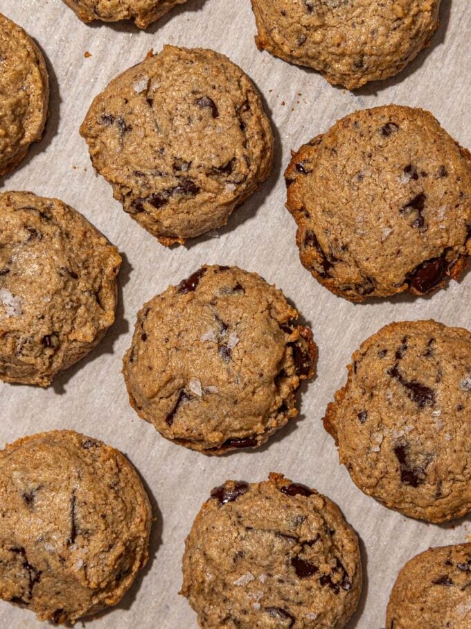 tahini chocolate chip cookies on parchment