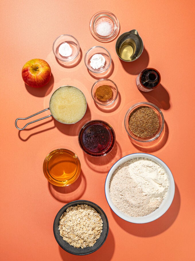 oats, apple sauce, flour and apple in bowls