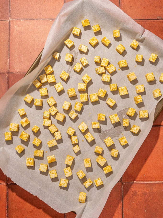 tofu cubes on baking sheet